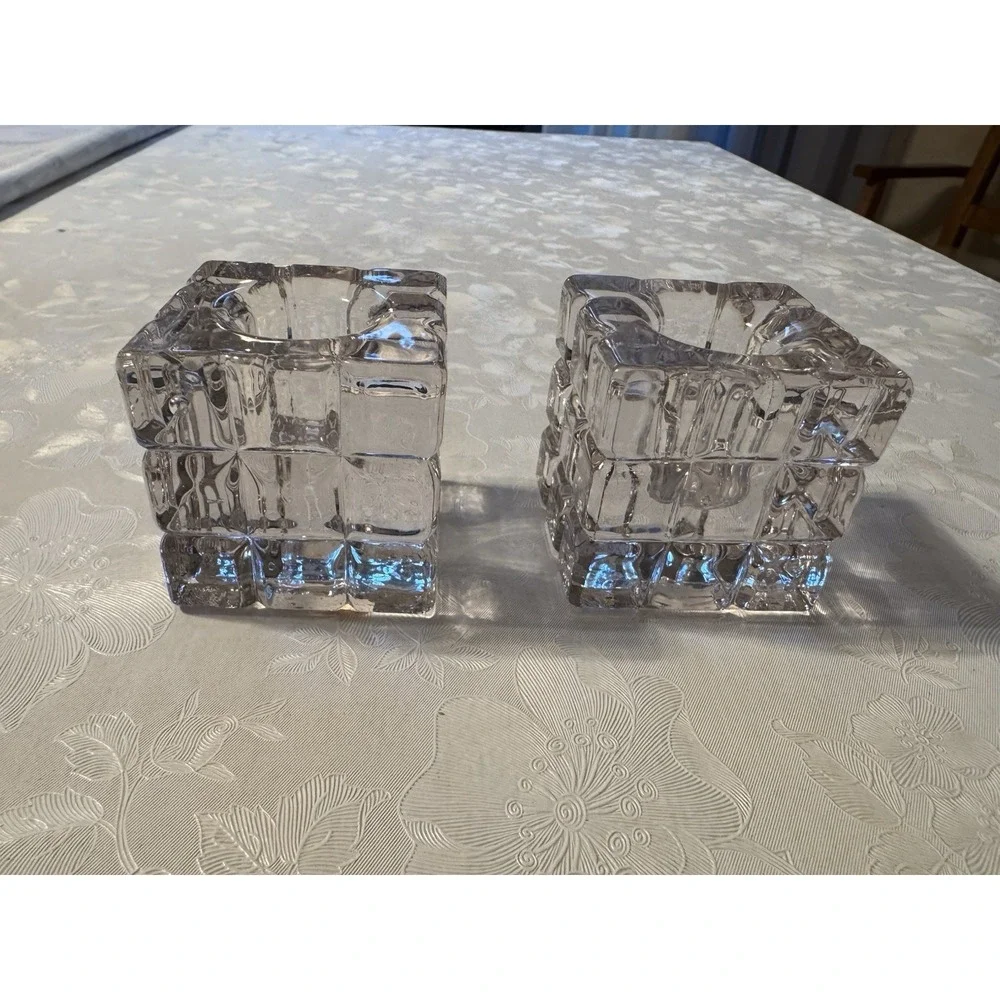 Vintage Biedermann Pair Clear Glass Cube Taper Candle Holders Ice Block Decor
